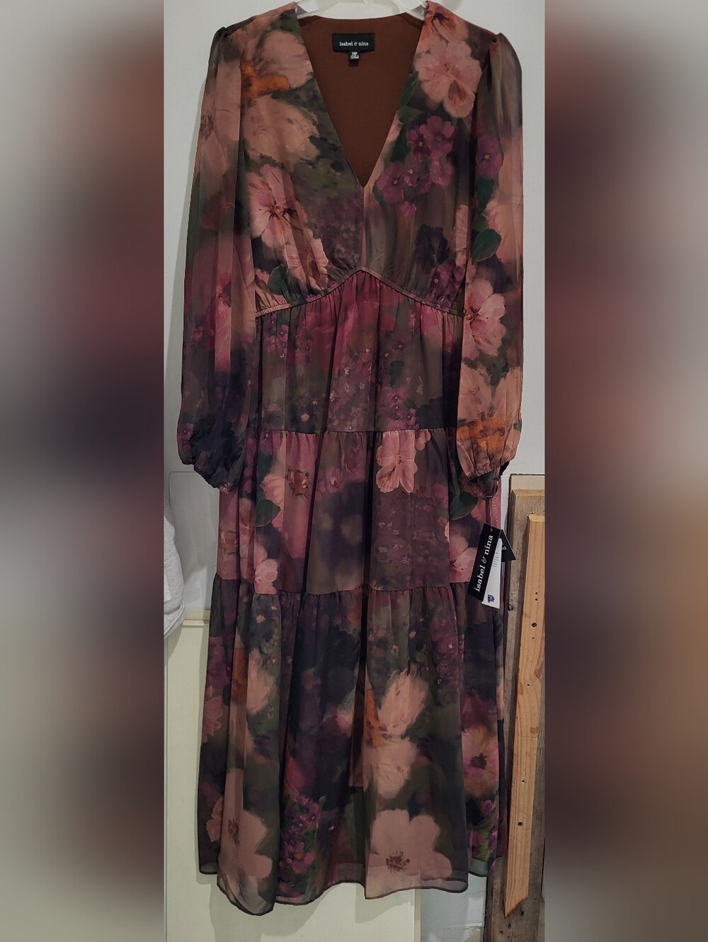 Isabel & Nina Floral Tiered Long Sleeve Dress - Brown & Pink